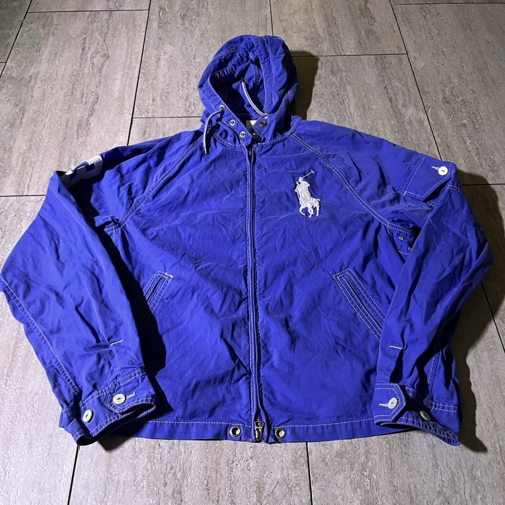 Polo Ralph Lauren Jacket Mens Medium Blue Hooded Windbreaker Big Pony Logo